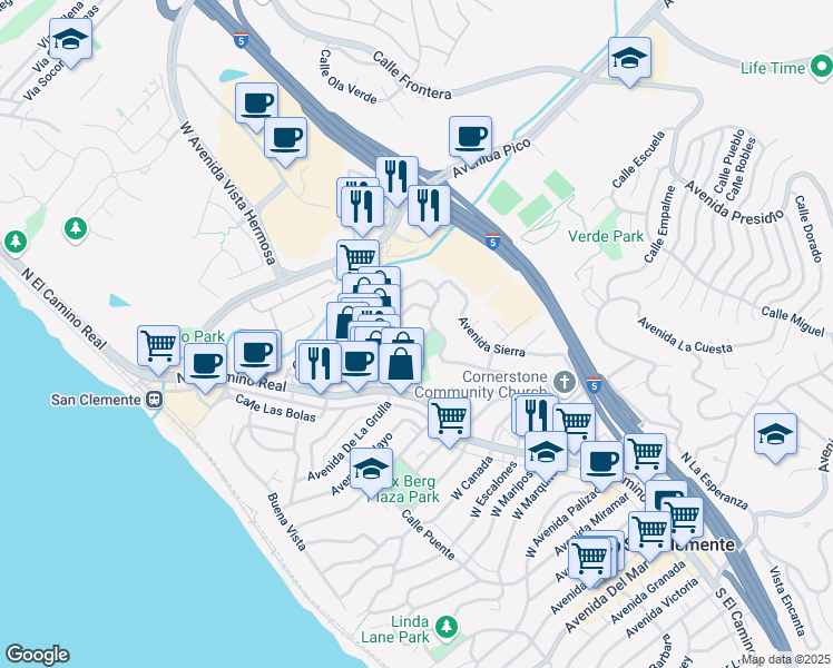 map of restaurants, bars, coffee shops, grocery stores, and more near 160 Calle Redondel in San Clemente