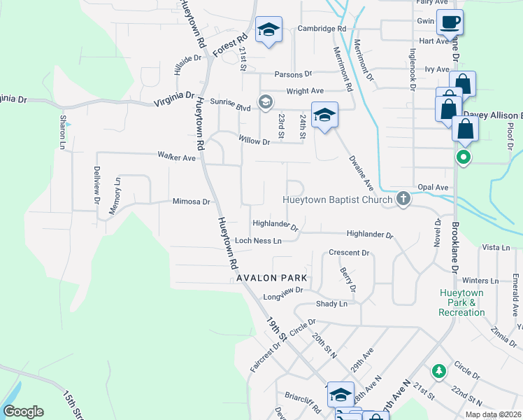 map of restaurants, bars, coffee shops, grocery stores, and more near 108 Highlander Drive in Hueytown