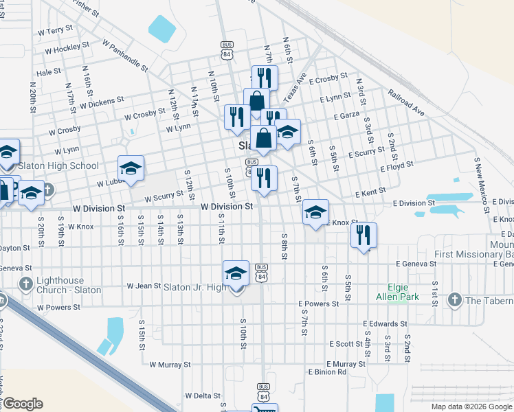 map of restaurants, bars, coffee shops, grocery stores, and more near 575 South 9th Street in Slaton