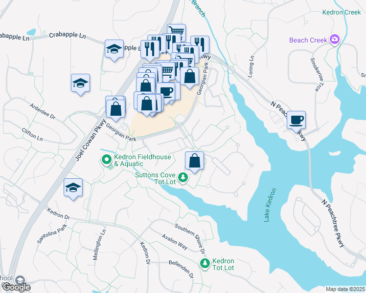 map of restaurants, bars, coffee shops, grocery stores, and more near 206 Albemarle Lane in Peachtree City