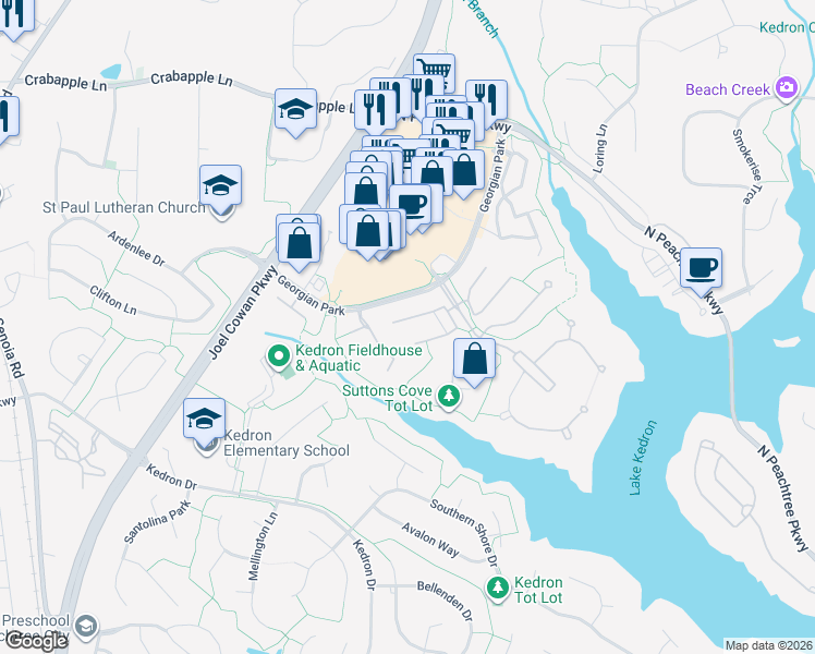 map of restaurants, bars, coffee shops, grocery stores, and more near 211 Albemarle Lane in Peachtree City