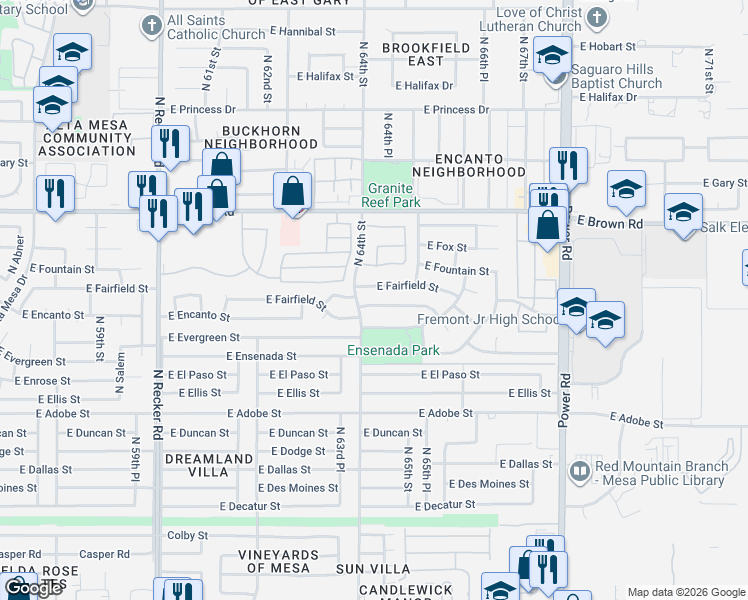 map of restaurants, bars, coffee shops, grocery stores, and more near 6406 East Elmwood Street in Mesa
