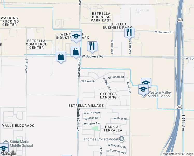 map of restaurants, bars, coffee shops, grocery stores, and more near 6601 West Pima Street in Phoenix