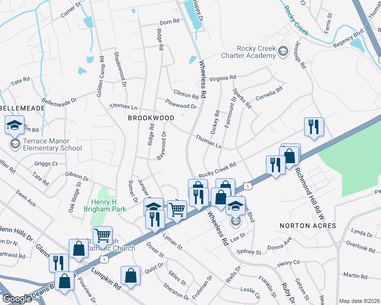 map of restaurants, bars, coffee shops, grocery stores, and more near 2430 Wheeless Road in Augusta