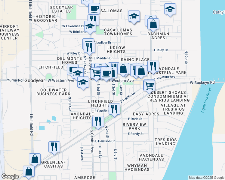 map of restaurants, bars, coffee shops, grocery stores, and more near 119 East Western Avenue in Avondale