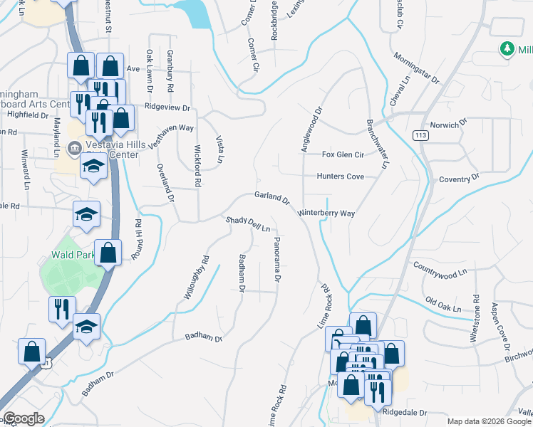 map of restaurants, bars, coffee shops, grocery stores, and more near 2228 Shady Dell Lane in Vestavia Hills
