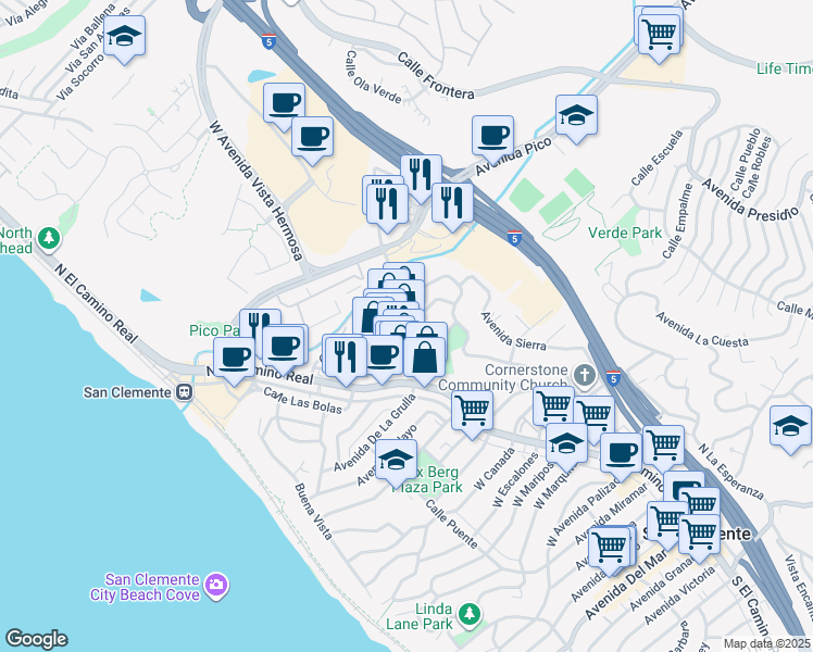 map of restaurants, bars, coffee shops, grocery stores, and more near 107 Calle Bonito in San Clemente