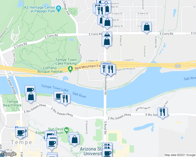 map of restaurants, bars, coffee shops, grocery stores, and more near 410 North Scottsdale Road in Tempe