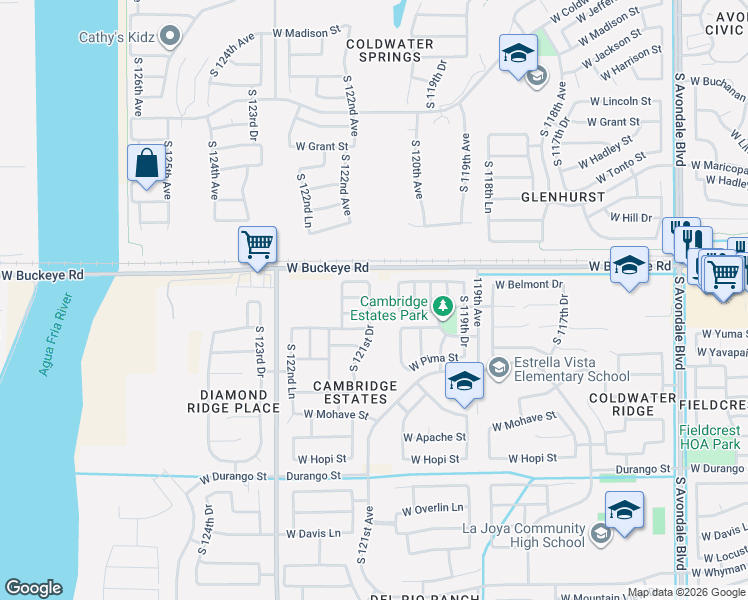 map of restaurants, bars, coffee shops, grocery stores, and more near 1326 South 121st Drive in Avondale