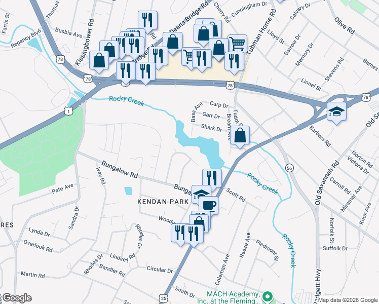 map of restaurants, bars, coffee shops, grocery stores, and more near 2126 Gatewood Drive in Augusta