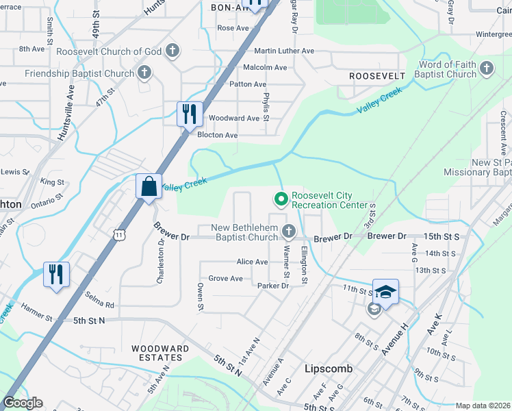 map of restaurants, bars, coffee shops, grocery stores, and more near 159 Houston Drive in Bessemer