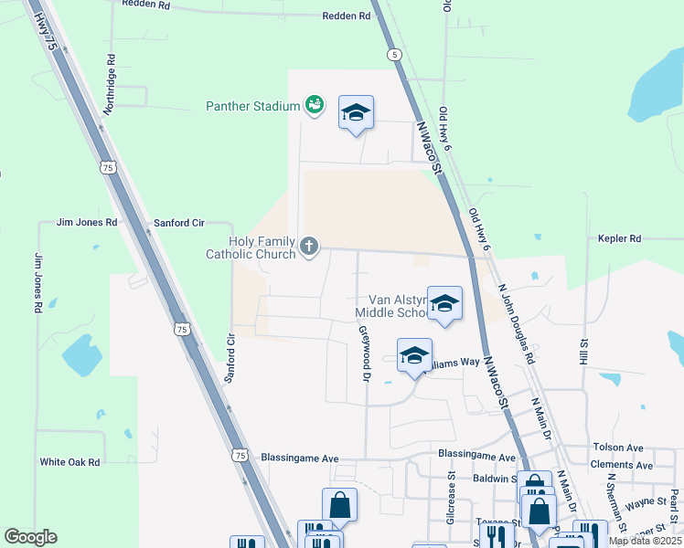 map of restaurants, bars, coffee shops, grocery stores, and more near 712 Maple Circle in Van Alstyne
