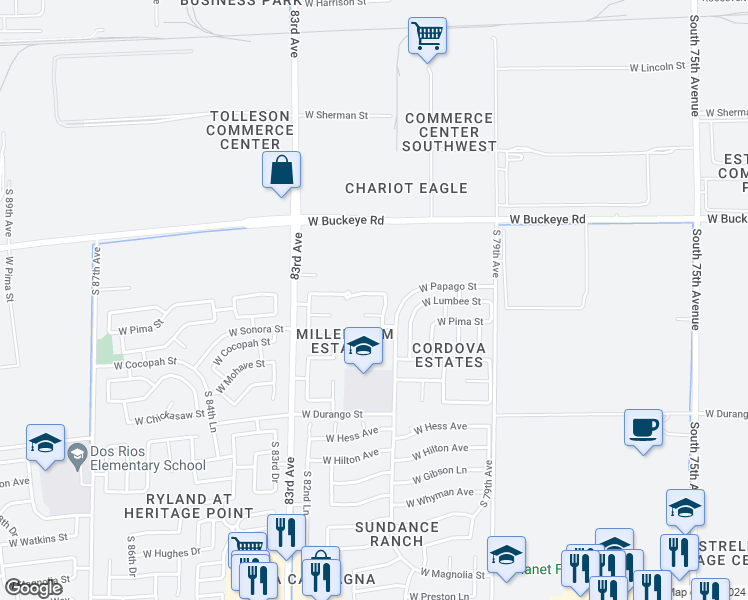 map of restaurants, bars, coffee shops, grocery stores, and more near 8115 West Papago Street in Phoenix