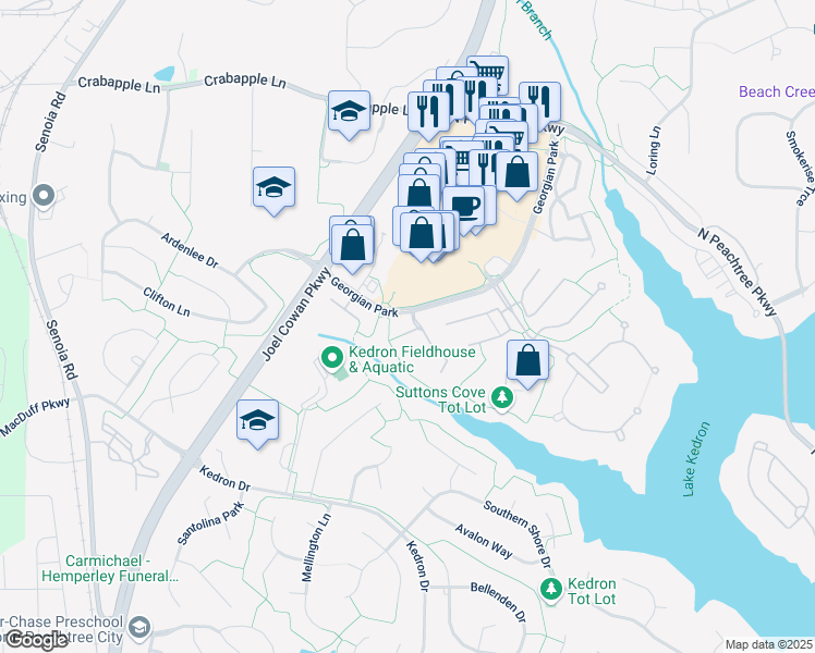 map of restaurants, bars, coffee shops, grocery stores, and more near 211 Saint Simons Cove in Peachtree City