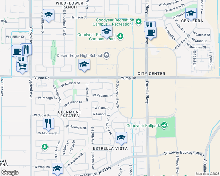 map of restaurants, bars, coffee shops, grocery stores, and more near 15758 West Papago Street in Goodyear