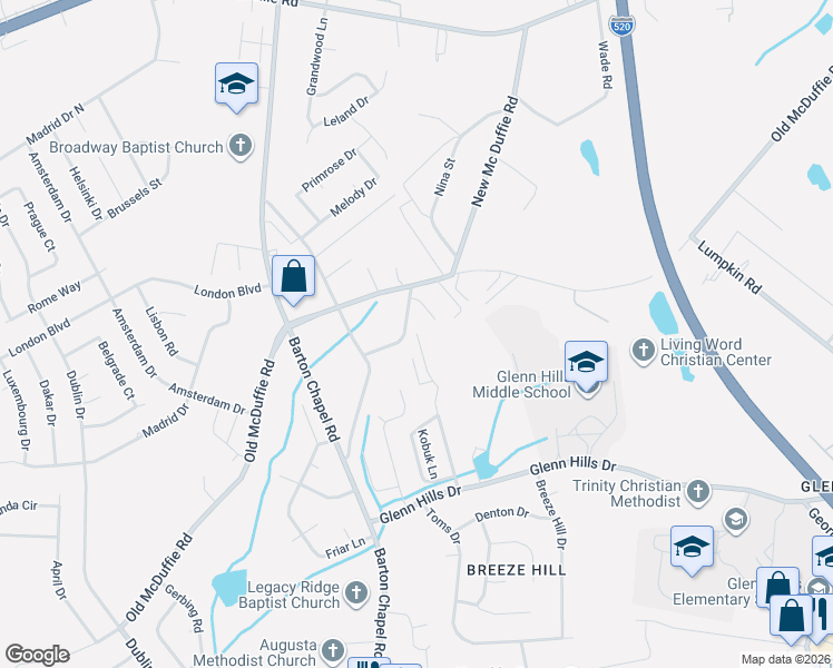 map of restaurants, bars, coffee shops, grocery stores, and more near 2456 Emery Hills Drive in Augusta