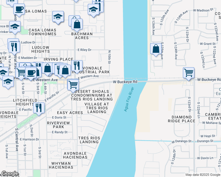 map of restaurants, bars, coffee shops, grocery stores, and more near 12851 East Buckeye Road in Avondale
