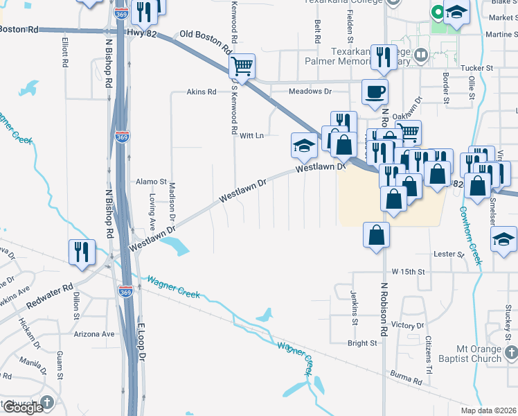 map of restaurants, bars, coffee shops, grocery stores, and more near 1719 Breckenridge Street in Texarkana