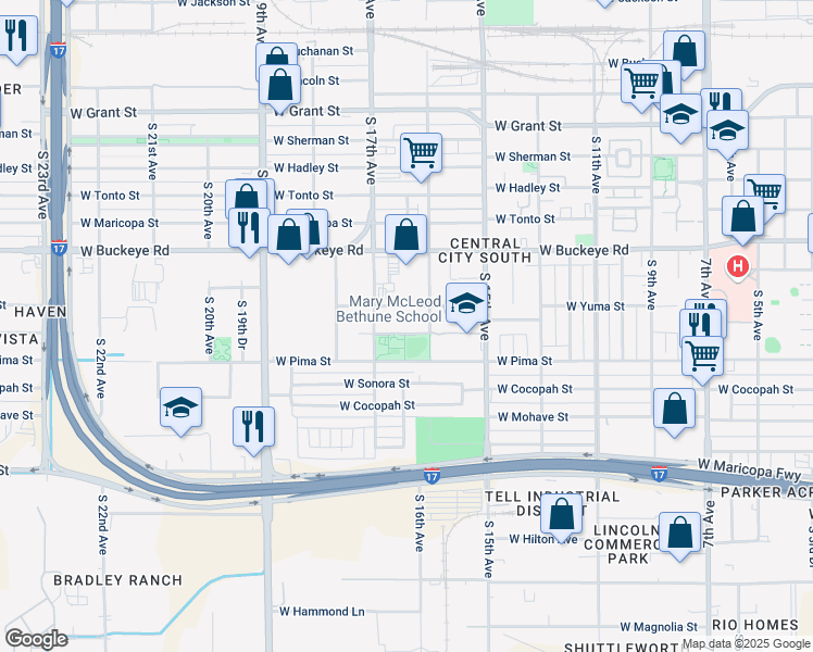 map of restaurants, bars, coffee shops, grocery stores, and more near 1619 West Yuma Street in Phoenix