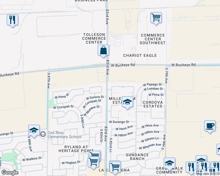 map of restaurants, bars, coffee shops, grocery stores, and more near 1510 South 82nd Drive in Phoenix