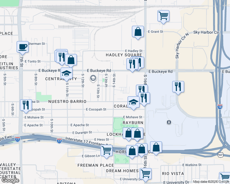 map of restaurants, bars, coffee shops, grocery stores, and more near 1441 East Buckeye Road in Phoenix