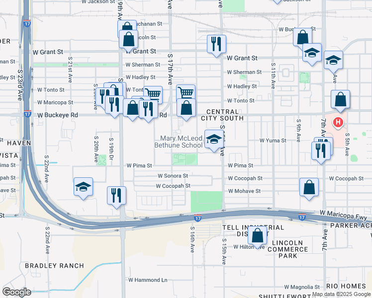 map of restaurants, bars, coffee shops, grocery stores, and more near 1619 West Yuma Street in Phoenix