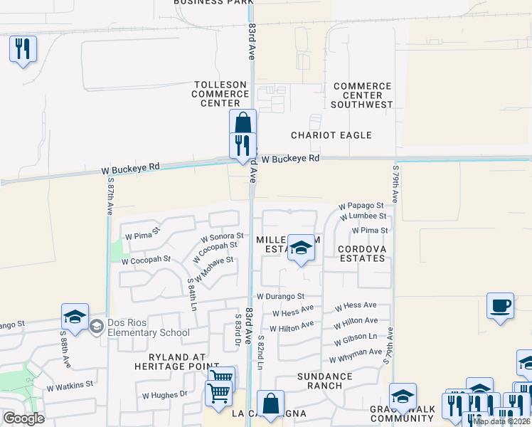 map of restaurants, bars, coffee shops, grocery stores, and more near 8234 West Papago Street in Phoenix