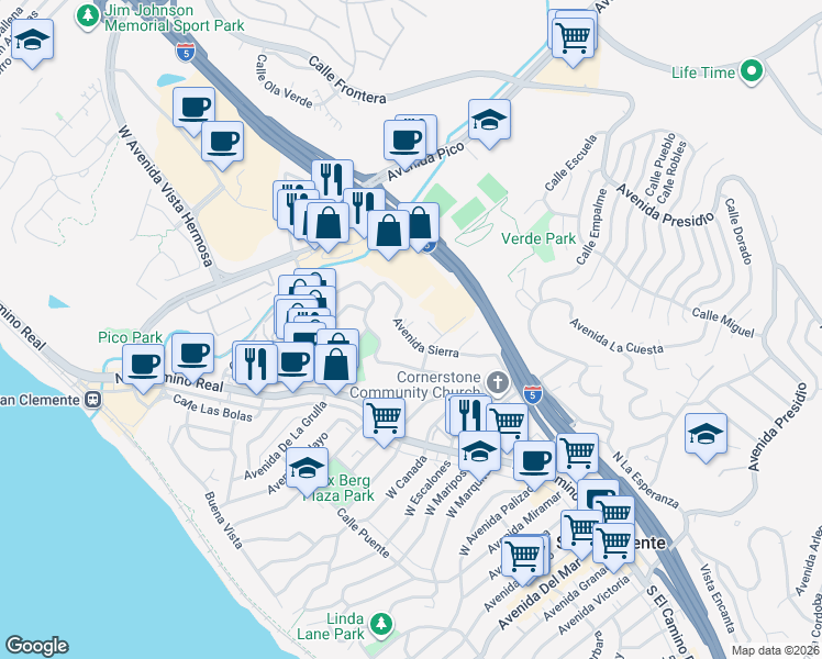 map of restaurants, bars, coffee shops, grocery stores, and more near 116 Avenida Sierra in San Clemente