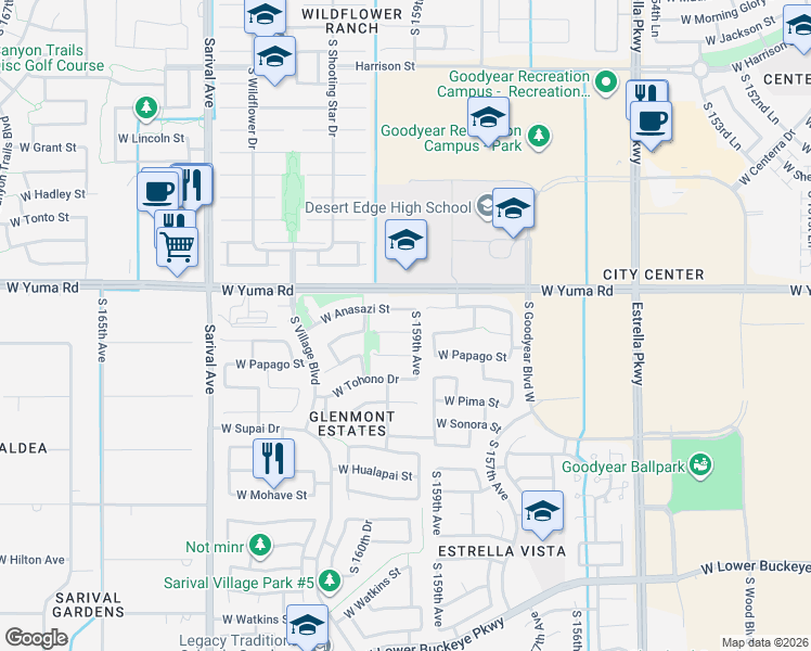 map of restaurants, bars, coffee shops, grocery stores, and more near 15940 West Yavapai Street in Goodyear