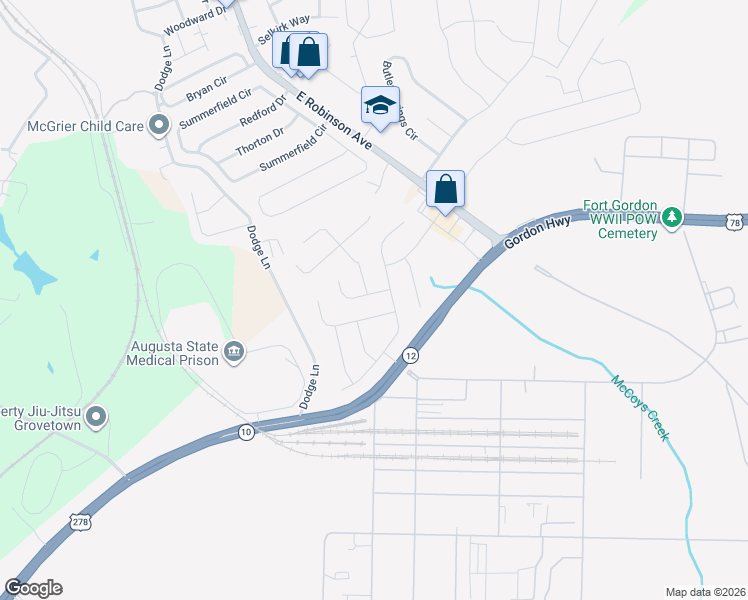 map of restaurants, bars, coffee shops, grocery stores, and more near 804 Calumet Court in Grovetown