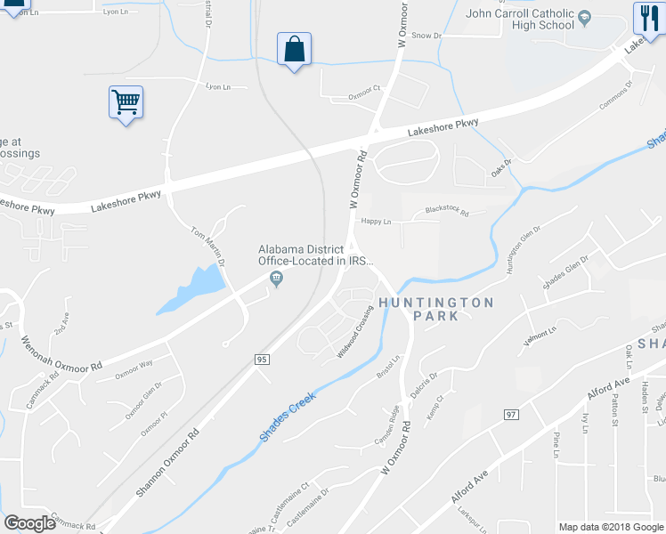 map of restaurants, bars, coffee shops, grocery stores, and more near 3100 Shannon Oxmoor Road in Birmingham
