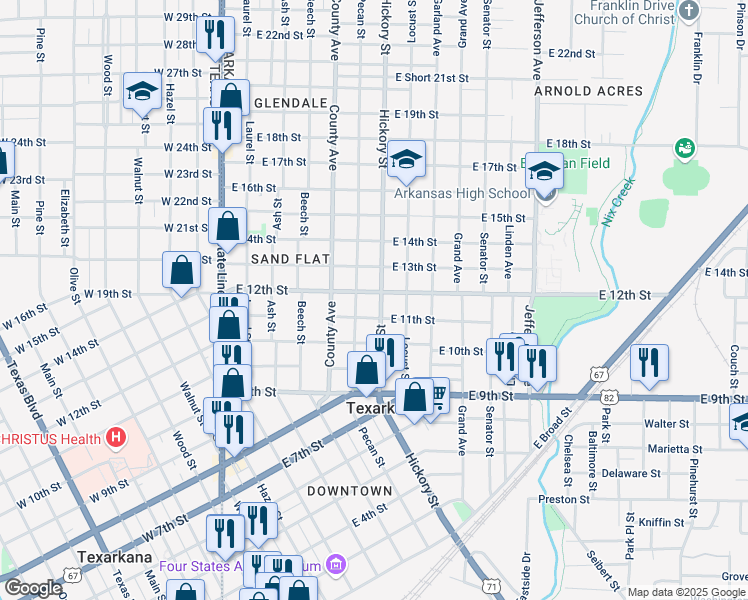 map of restaurants, bars, coffee shops, grocery stores, and more near 1201 Hickory Street in Texarkana