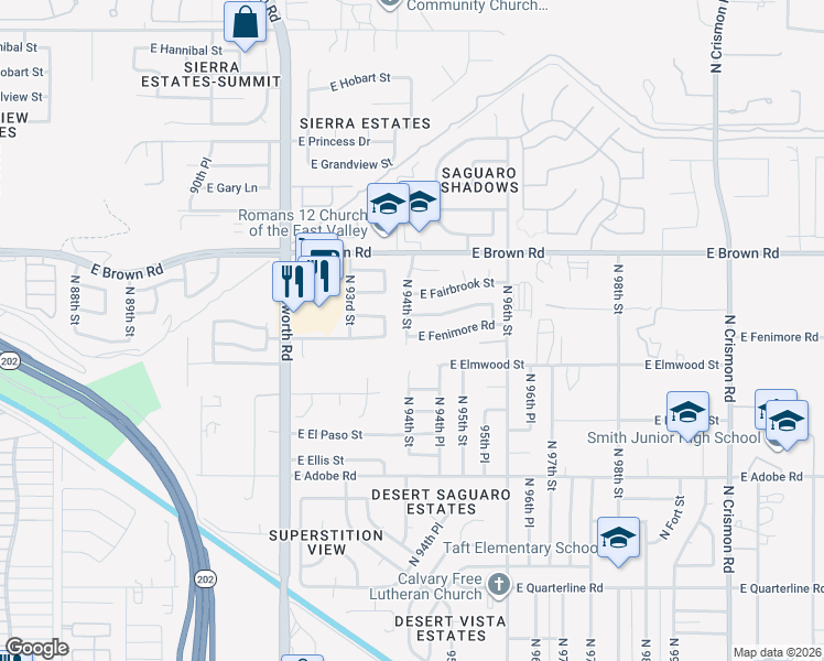 map of restaurants, bars, coffee shops, grocery stores, and more near 9428 East Flanders Road in Mesa