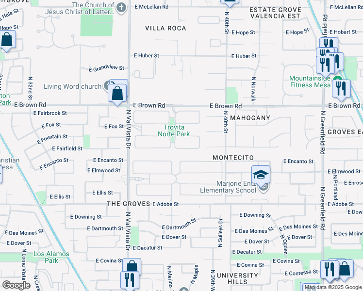map of restaurants, bars, coffee shops, grocery stores, and more near 3833 East Fountain Street in Mesa