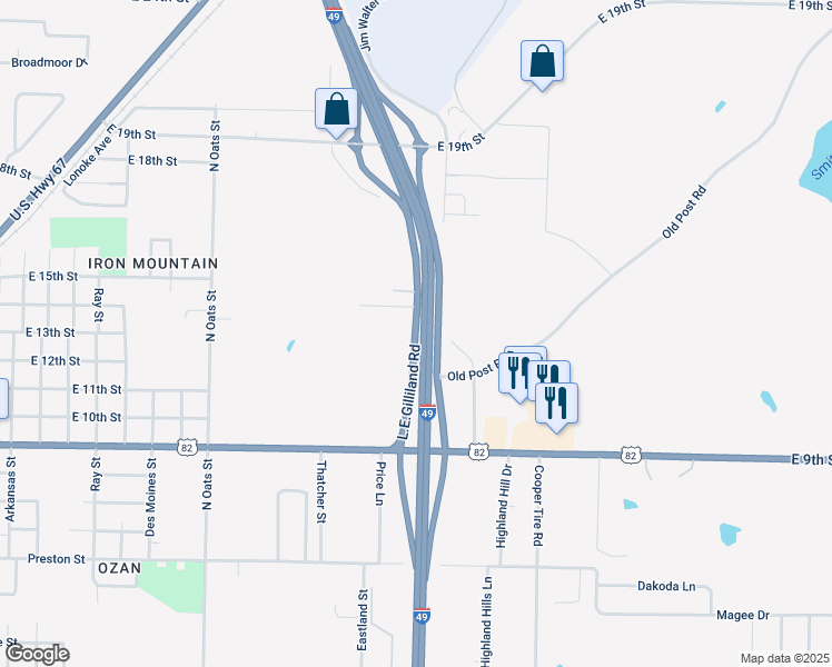 map of restaurants, bars, coffee shops, grocery stores, and more near L.E. Gilliand Drive in Texarkana