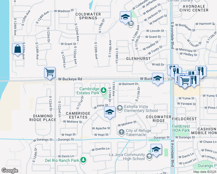 map of restaurants, bars, coffee shops, grocery stores, and more near 11950 West Belmont Drive in Avondale