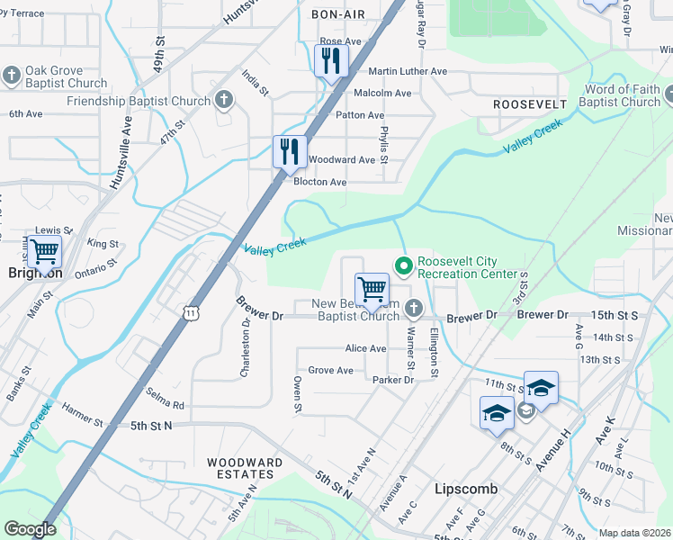map of restaurants, bars, coffee shops, grocery stores, and more near 131 Houston Drive in Bessemer