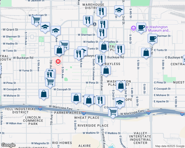 map of restaurants, bars, coffee shops, grocery stores, and more near 1320 South 1st Avenue in Phoenix