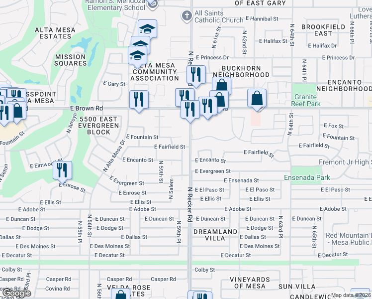 map of restaurants, bars, coffee shops, grocery stores, and more near 5966 East Fairfield Street in Mesa