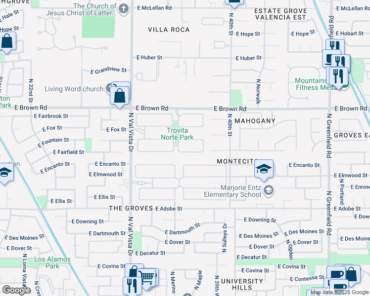 map of restaurants, bars, coffee shops, grocery stores, and more near 3833 East Fountain Street in Mesa