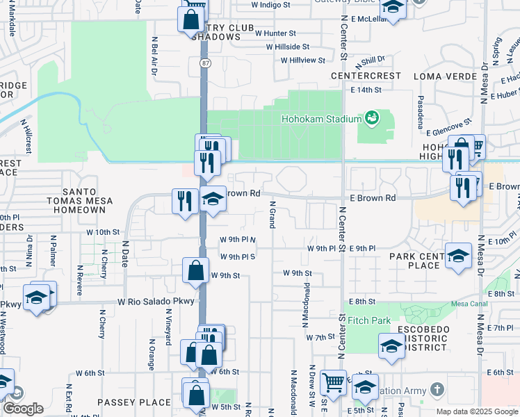 map of restaurants, bars, coffee shops, grocery stores, and more near 255 West Brown Road in Mesa