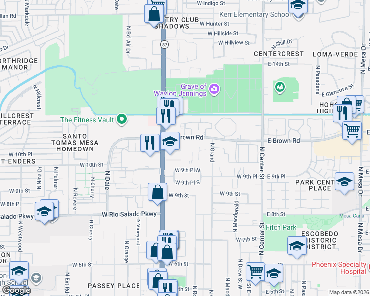 map of restaurants, bars, coffee shops, grocery stores, and more near 333 West Brown Road in Mesa