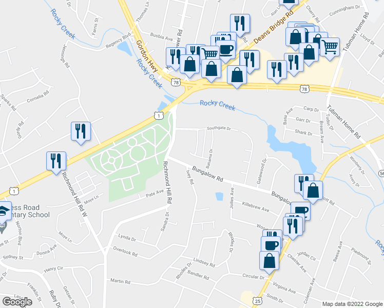 map of restaurants, bars, coffee shops, grocery stores, and more near 2406 Acapulco Drive in Augusta