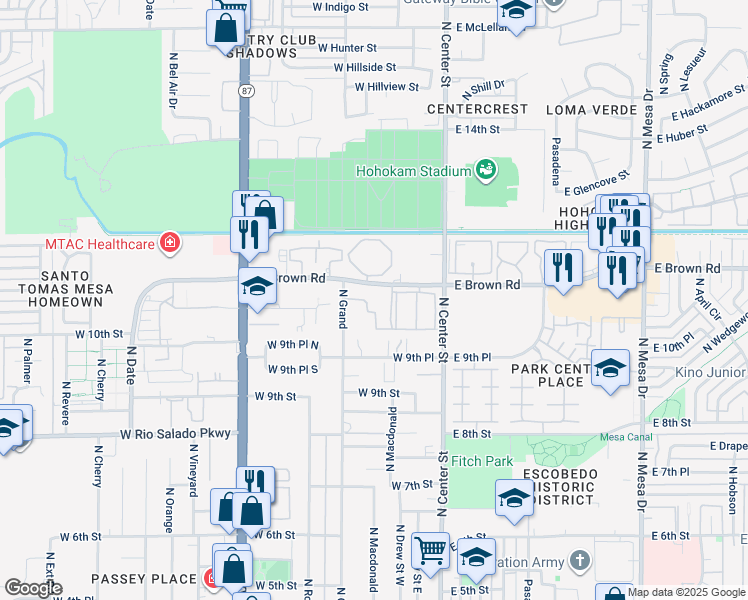 map of restaurants, bars, coffee shops, grocery stores, and more near 155 West Brown Road in Mesa