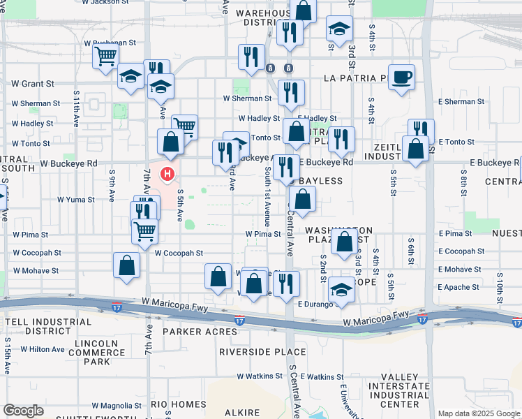 map of restaurants, bars, coffee shops, grocery stores, and more near 1318 South 1st Avenue in Phoenix