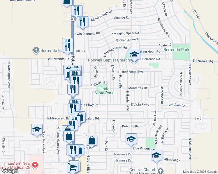 map of restaurants, bars, coffee shops, grocery stores, and more near 3108 Delicado Drive in Roswell