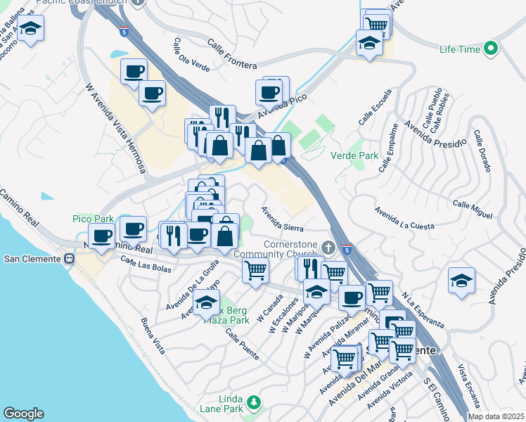 map of restaurants, bars, coffee shops, grocery stores, and more near 128 Avenida Sierra in San Clemente