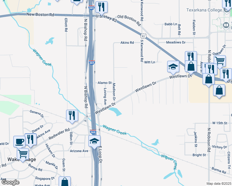 map of restaurants, bars, coffee shops, grocery stores, and more near 124 Madison Drive in Texarkana