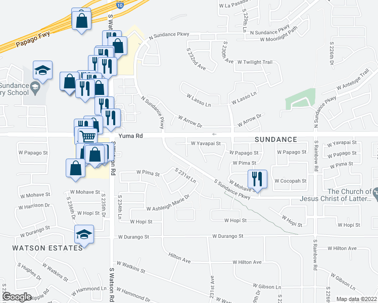 map of restaurants, bars, coffee shops, grocery stores, and more near 1339 South 232nd Avenue in Buckeye