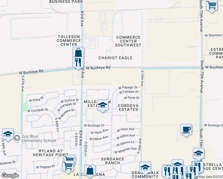 map of restaurants, bars, coffee shops, grocery stores, and more near 8104 West Papago Street in Phoenix